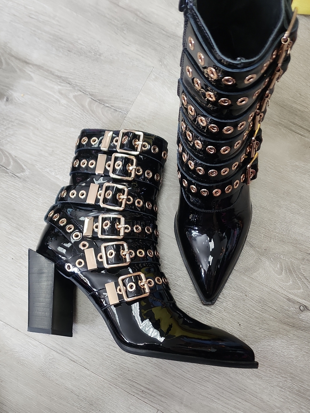 Jeffrey Campbell Black Patent Buckle Strap Ankle Boots with Gold Hardware